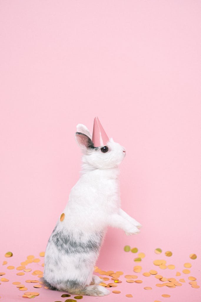 Cute rabbit wearing a party hat surrounded by confetti on a pink backdrop.